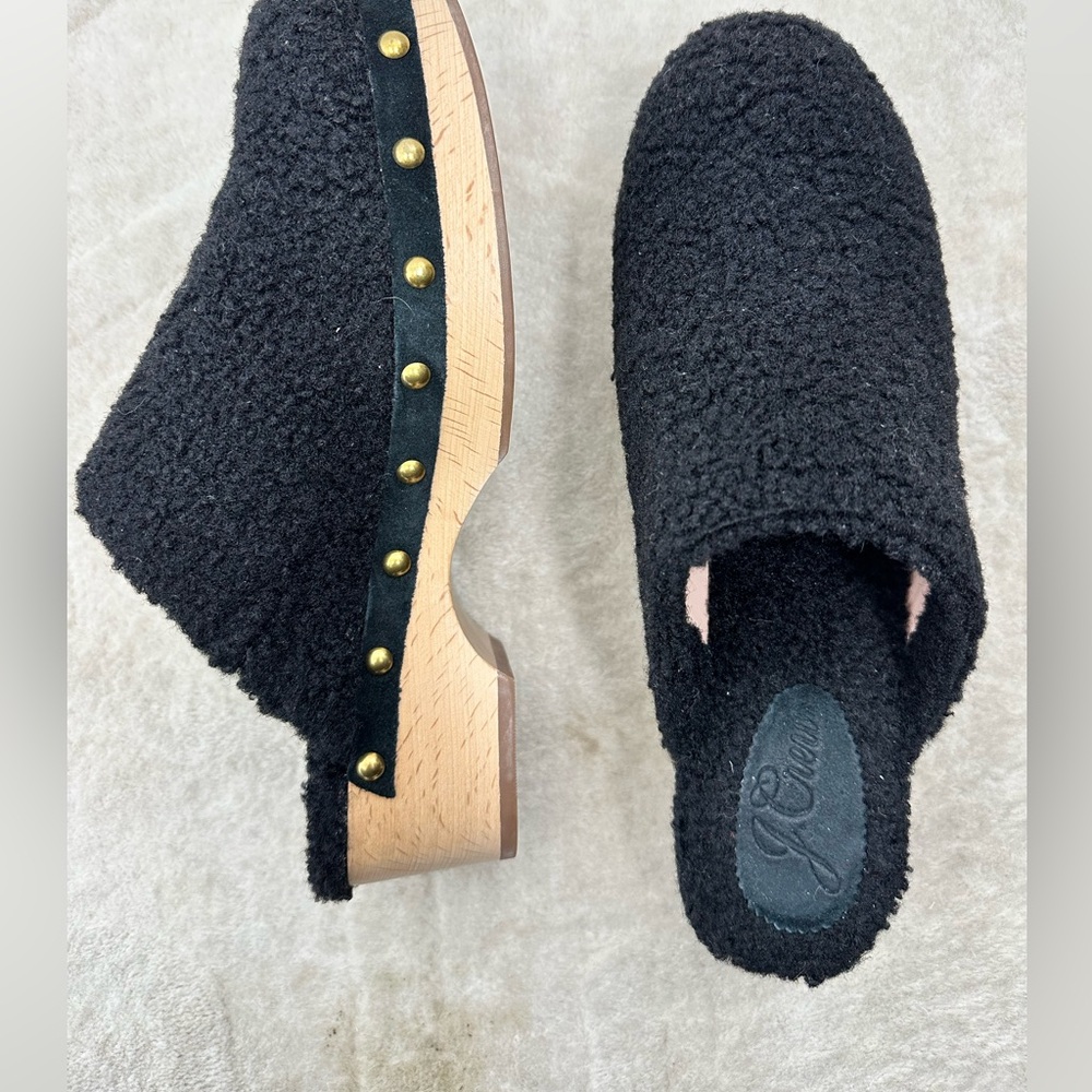 ⛔️SOLD⛔️J. Crew Black Sherpa Wooden Clogs Round Toe Mules Slip ons Size 8.5 - Picture 8 of 9